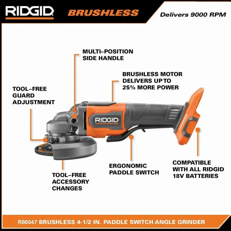 RIDGID R86047B-AC93044SBN 18V Brushless Angle Grinder Kit with Batteries & Charger