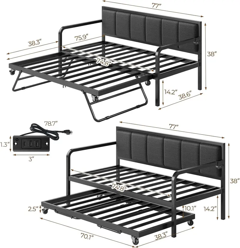 Rolanstar Adjustable Twin Daybed with Built-in USB Charging & Ambient LED Lighting