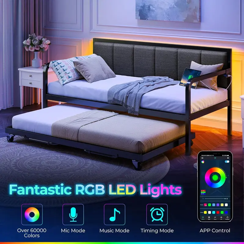 Rolanstar Adjustable Twin Daybed with Built-in USB Charging & Ambient LED Lighting
