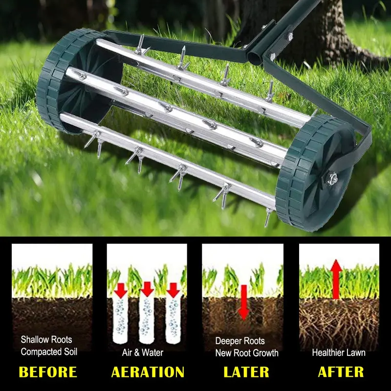 Rolling 18-Inch Lawn Aerator – Heavy-Duty Rotary Spike Aeration Tool for Gardens and Yards
