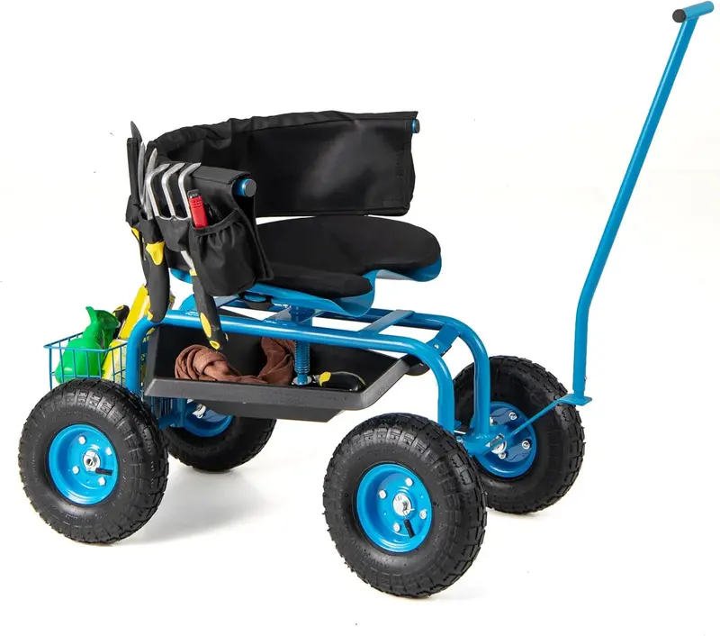 Rolling Garden Scooter with Seat & Tool Storage, All-in-One Outdoor Gardening Workstation