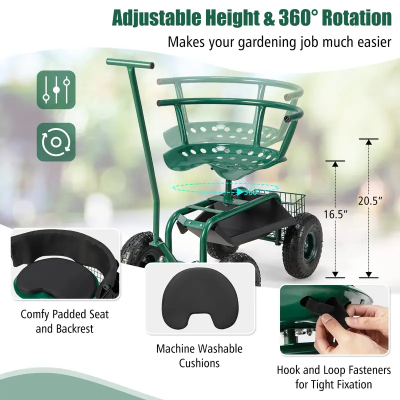 Rolling Garden Scooter with Seat & Tool Storage, All-in-One Outdoor Gardening Workstation