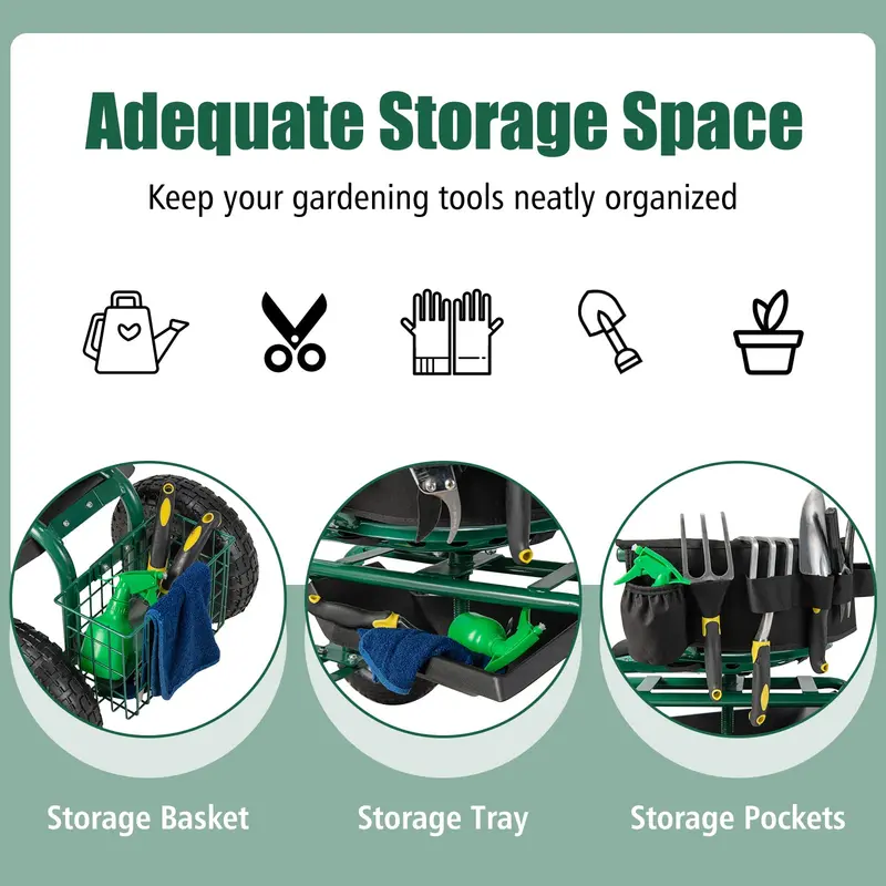 Rolling Garden Scooter with Seat & Tool Storage, All-in-One Outdoor Gardening Workstation