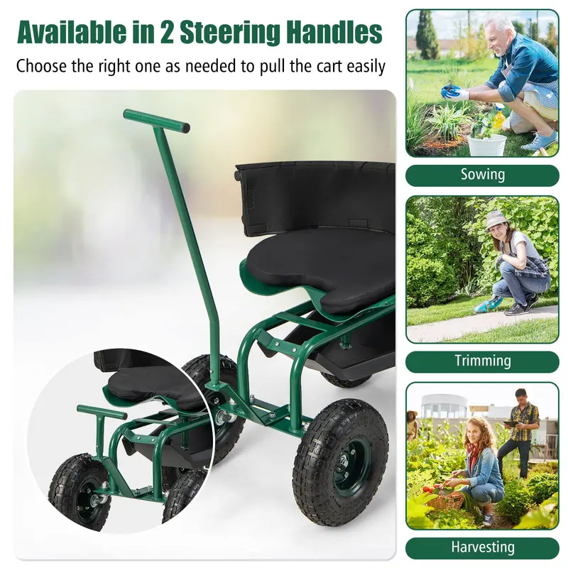 Rolling Garden Scooter with Seat & Tool Storage, All-in-One Outdoor Gardening Workstation