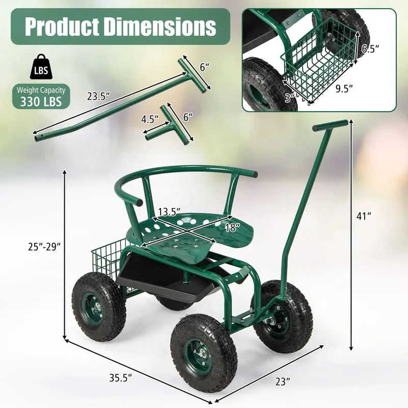 Rolling Garden Scooter with Seat & Tool Storage, All-in-One Outdoor Gardening Workstation