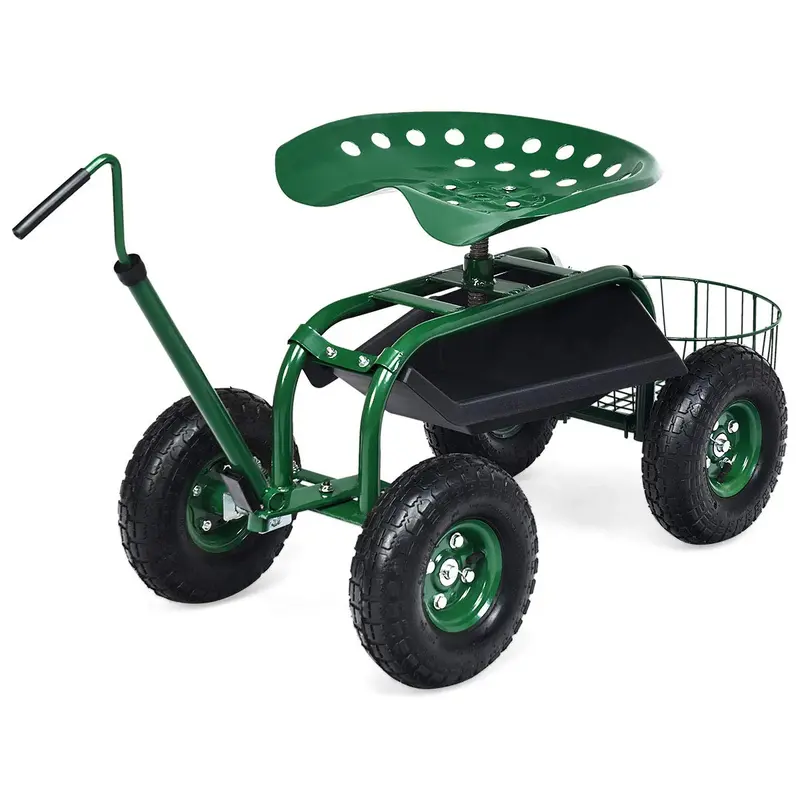 Rolling Garden Work Seat with Tool Tray & Basket – Adjustable Hook Handle