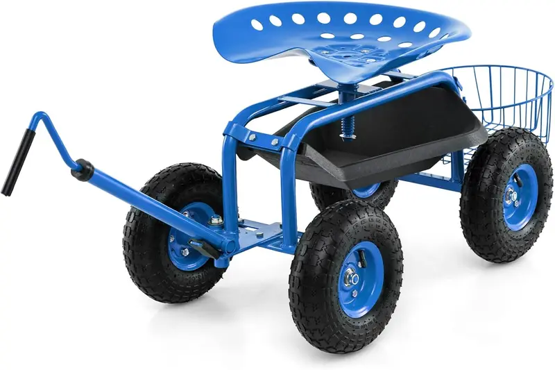 Rolling Garden Work Seat with Tool Tray & Basket – Adjustable Hook Handle