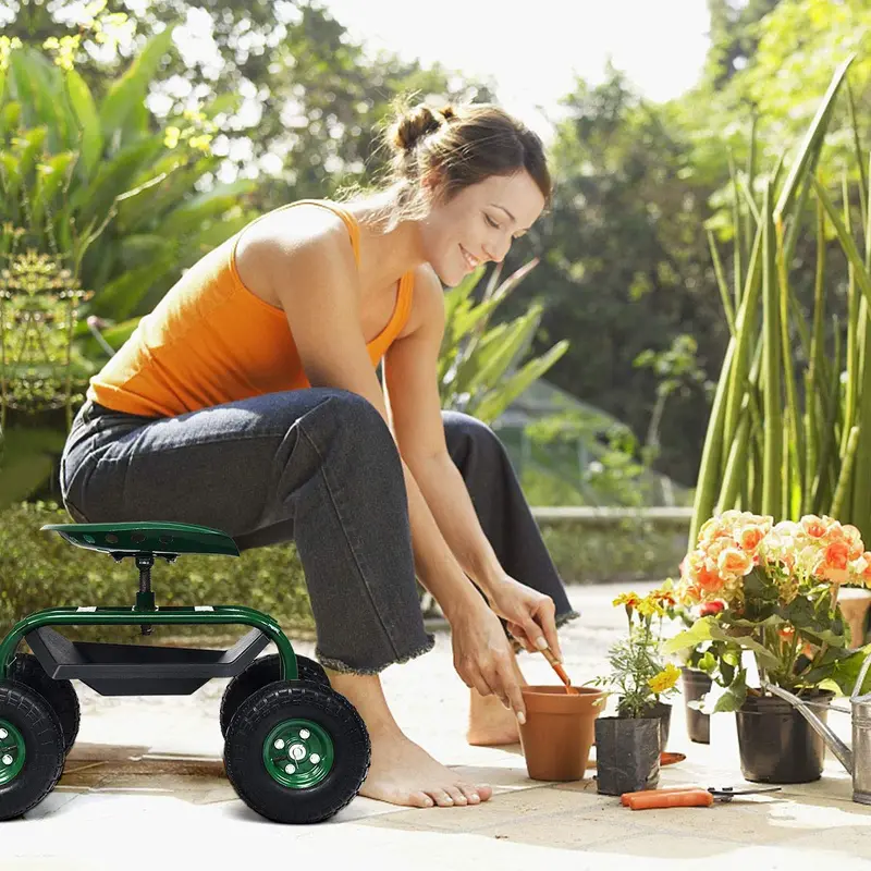 Rolling Garden Work Seat with Tool Tray & Basket – Adjustable Hook Handle