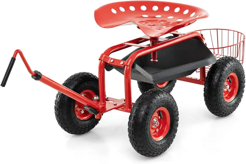 Rolling Garden Work Seat with Tool Tray & Basket – Adjustable Hook Handle
