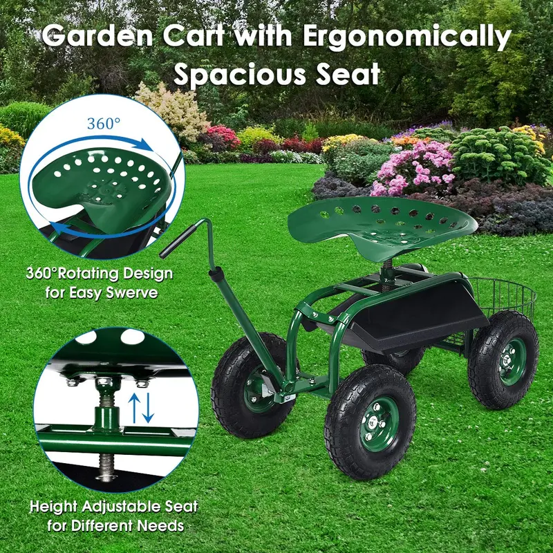 Rolling Garden Work Seat with Tool Tray & Basket – Adjustable Hook Handle
