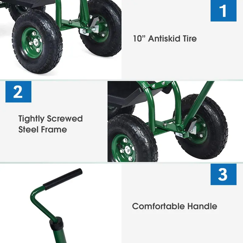 Rolling Garden Work Seat with Tool Tray & Basket – Adjustable Hook Handle