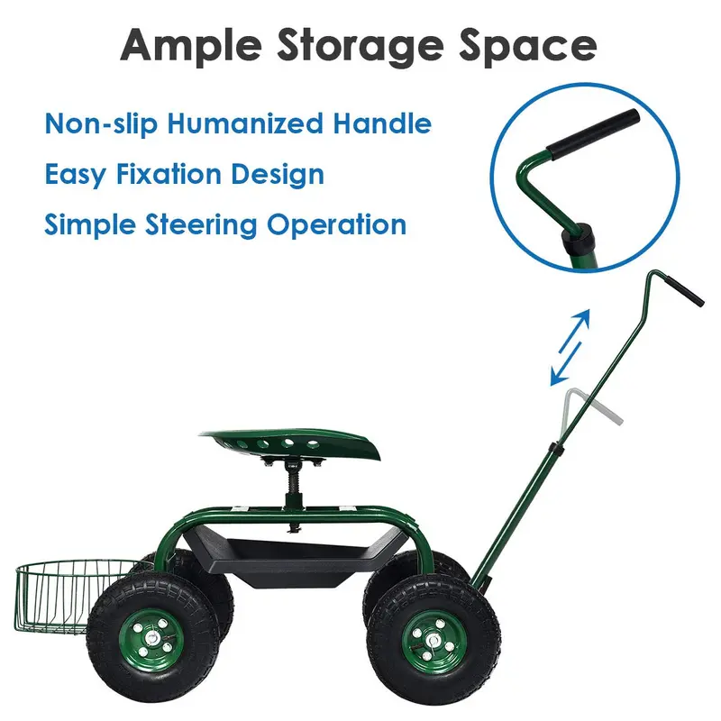 Rolling Garden Work Seat with Tool Tray & Basket – Adjustable Hook Handle