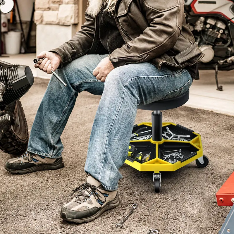 Rolling Mechanic Stool with Height-Adjustable Seat (16"–22") and Detachable Magnetic Tool Tray