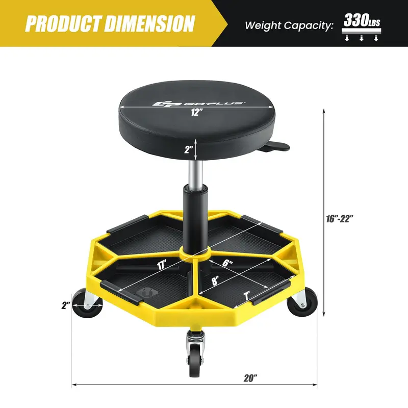 Rolling Mechanic Stool with Height-Adjustable Seat (16"–22") and Detachable Magnetic Tool Tray