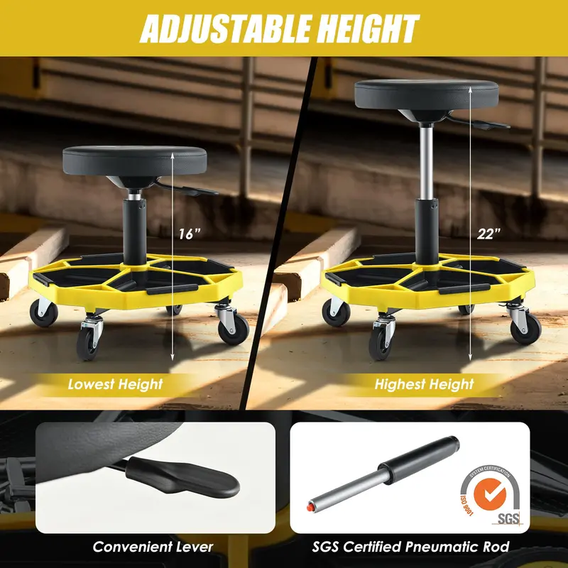 Rolling Mechanic Stool with Height-Adjustable Seat (16"–22") and Detachable Magnetic Tool Tray