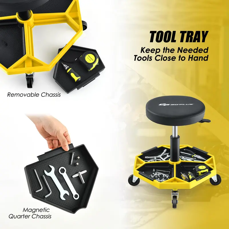 Rolling Mechanic Stool with Height-Adjustable Seat (16"–22") and Detachable Magnetic Tool Tray