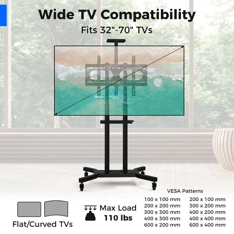 Rolling TV Cart – Lightweight Mobile Stand for 32"–70" Flat or Curved Screens (Up to 110 lbs), VESA 600x400 mm Support
