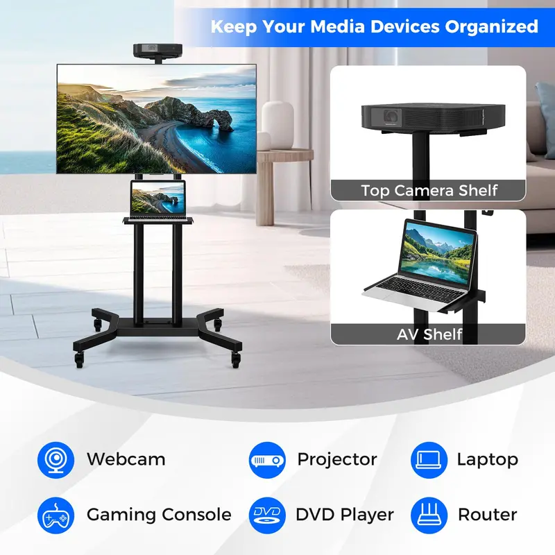 Rolling TV Cart – Lightweight Mobile Stand for 32"–70" Flat or Curved Screens (Up to 110 lbs), VESA 600x400 mm Support