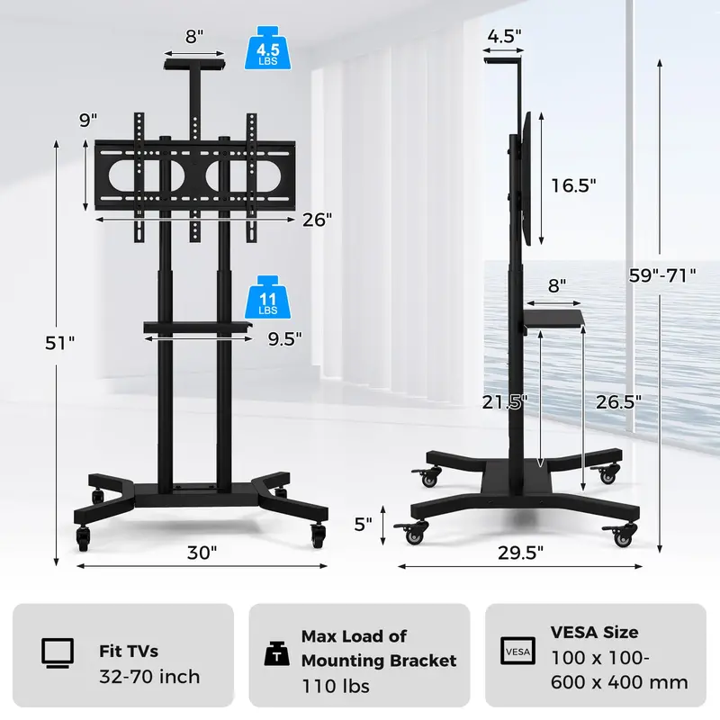 Rolling TV Cart – Lightweight Mobile Stand for 32"–70" Flat or Curved Screens (Up to 110 lbs), VESA 600x400 mm Support