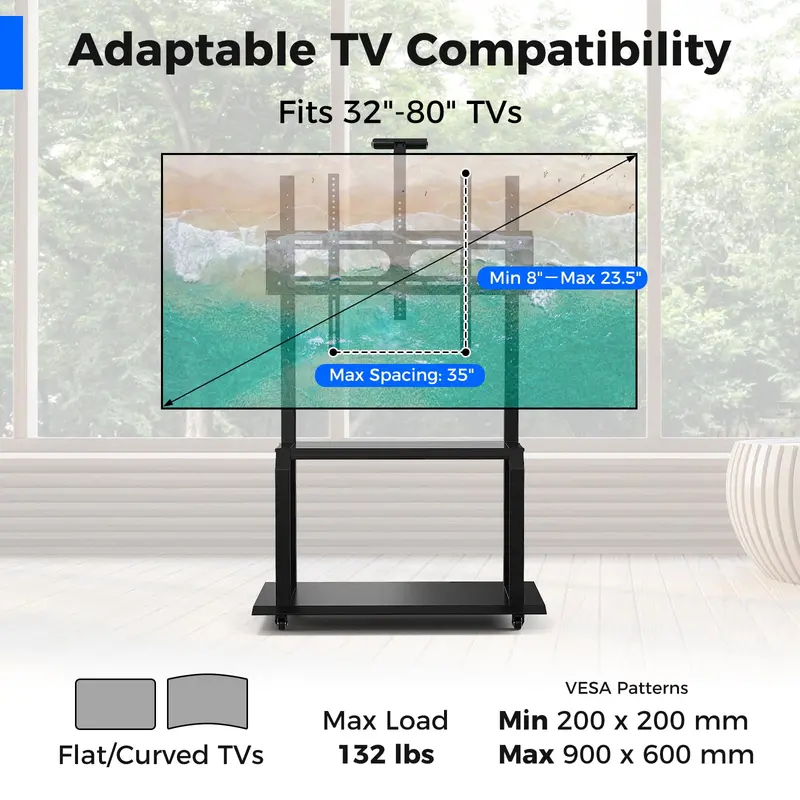 Rolling TV Stand with Camera Shelf and AV Storage Compartments 2