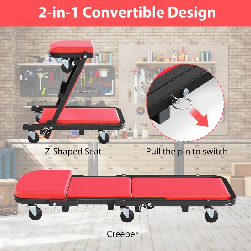Rolling Z-Style Folding Mechanic Creeper Seat with Six Swivel Casters