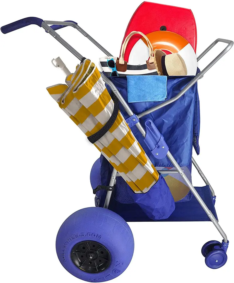 RollX Blue Foldable Beach Cart – 12" Balloon Tires, Mesh Storage, Umbrella Mount