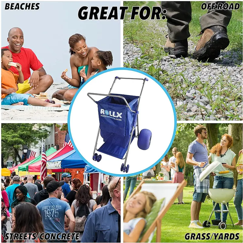 RollX Blue Foldable Beach Cart – 12" Balloon Tires, Mesh Storage, Umbrella Mount 2