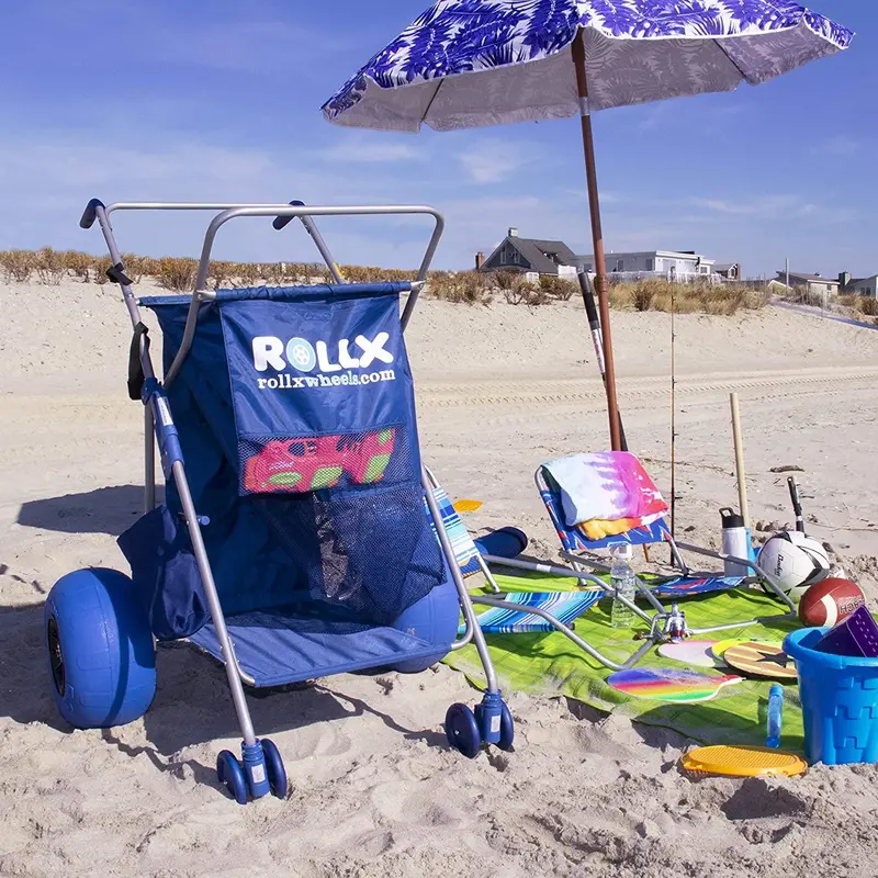 RollX Blue Foldable Beach Cart – 12" Balloon Tires, Mesh Storage, Umbrella Mount