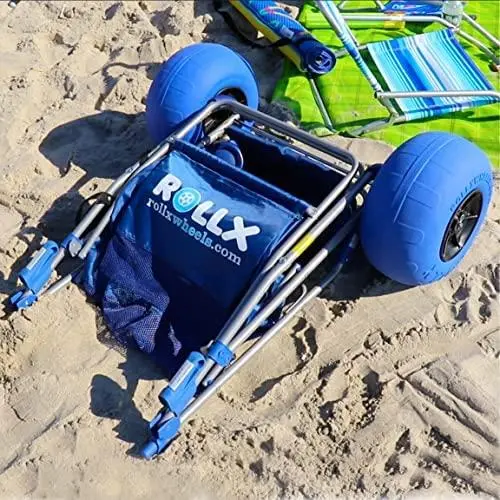 RollX Blue Foldable Beach Cart – 12" Balloon Tires, Mesh Storage, Umbrella Mount