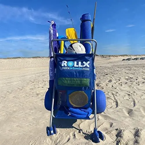 RollX Blue Foldable Beach Cart – 12" Balloon Tires, Mesh Storage, Umbrella Mount
