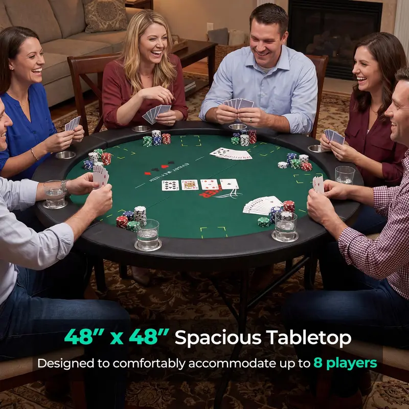 Round 48-Inch Texas Hold’em Casino Table for Leisure Play – 8-Player Setup, Metal Frame