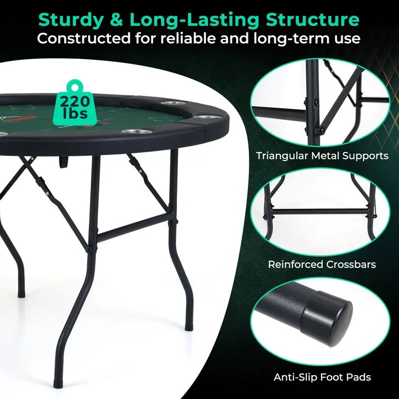 Round 48-Inch Texas Hold’em Casino Table for Leisure Play – 8-Player Setup, Metal Frame