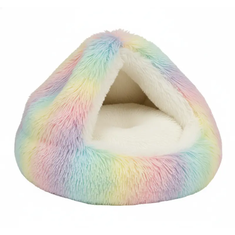 Round Hooded Pet Bed with Plush Interior for Cats and Small Dogs 2
