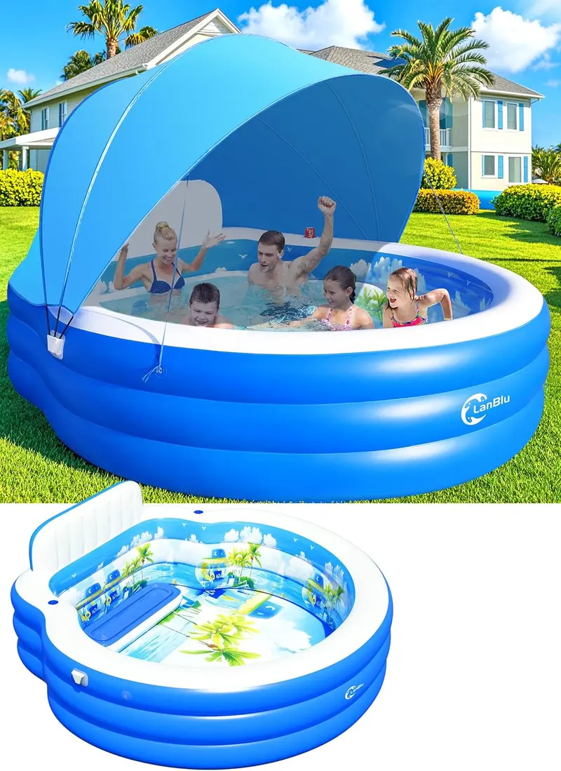 Round Inflatable Lounge Pool with Canopy & Ergonomic Bench – 92" Diameter Family Swim Center for Backyard Use (Adults & Kids)
