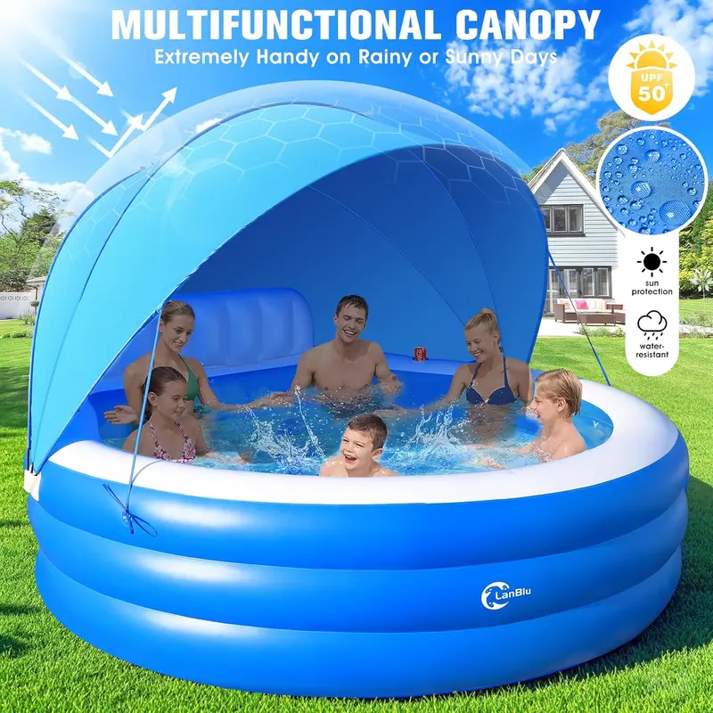 Round Inflatable Lounge Pool with Canopy & Ergonomic Bench – 92" Diameter Family Swim Center for Backyard Use (Adults & Kids) 2