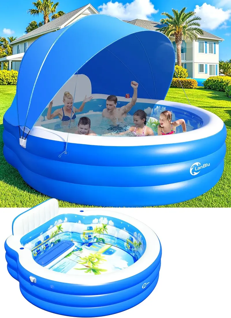 Round Inflatable Lounge Pool with Canopy & Ergonomic Bench – 92" Diameter Family Swim Center for Backyard Use (Adults & Kids)