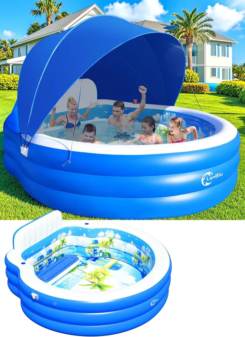 Round Inflatable Lounge Pool with Canopy & Ergonomic Bench – 92" Diameter Family Swim Center for Backyard Use (Adults & Kids)
