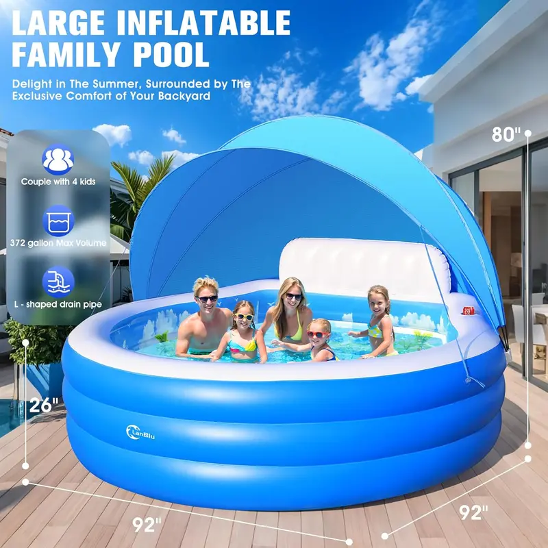 Round Inflatable Lounge Pool with Canopy & Ergonomic Bench – 92" Diameter Family Swim Center for Backyard Use (Adults & Kids)