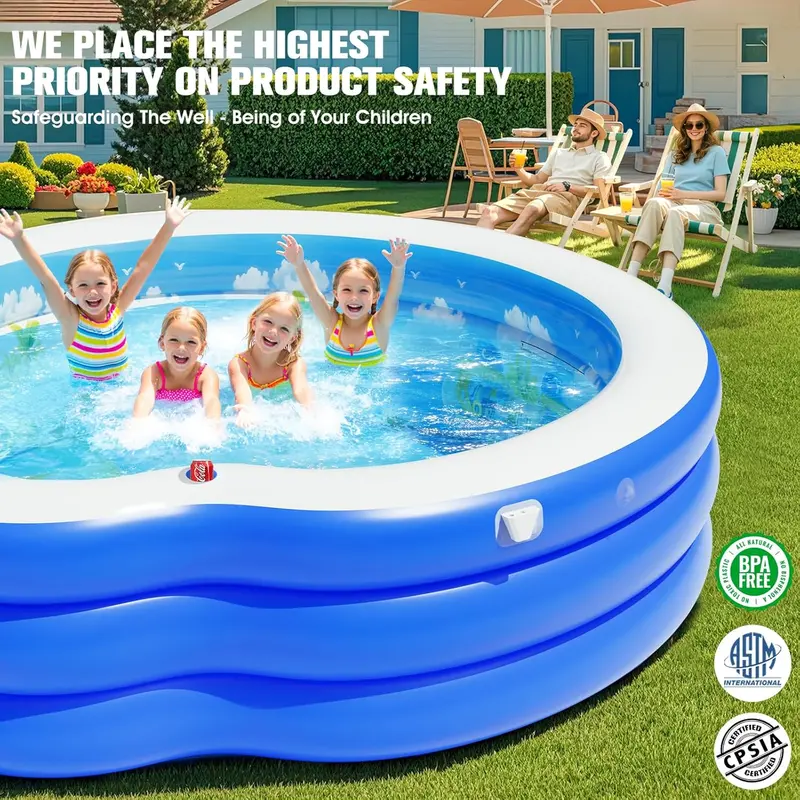 Round Inflatable Lounge Pool with Canopy & Ergonomic Bench – 92" Diameter Family Swim Center for Backyard Use (Adults & Kids)