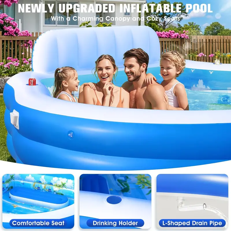 Round Inflatable Lounge Pool with Canopy & Ergonomic Bench – 92" Diameter Family Swim Center for Backyard Use (Adults & Kids)