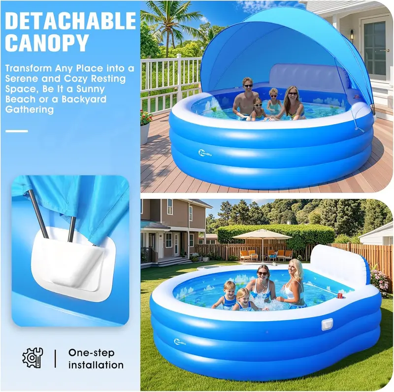 Round Inflatable Lounge Pool with Canopy & Ergonomic Bench – 92" Diameter Family Swim Center for Backyard Use (Adults & Kids)