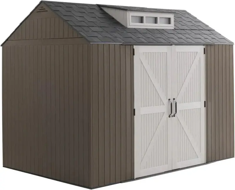 Rubbermaid 7' x 7' Resin Outdoor Storage Shed with Integrated Floor – Gray Weather-Resistant Unit for Garden Tools, Lawn Equipment & Pool Supplies