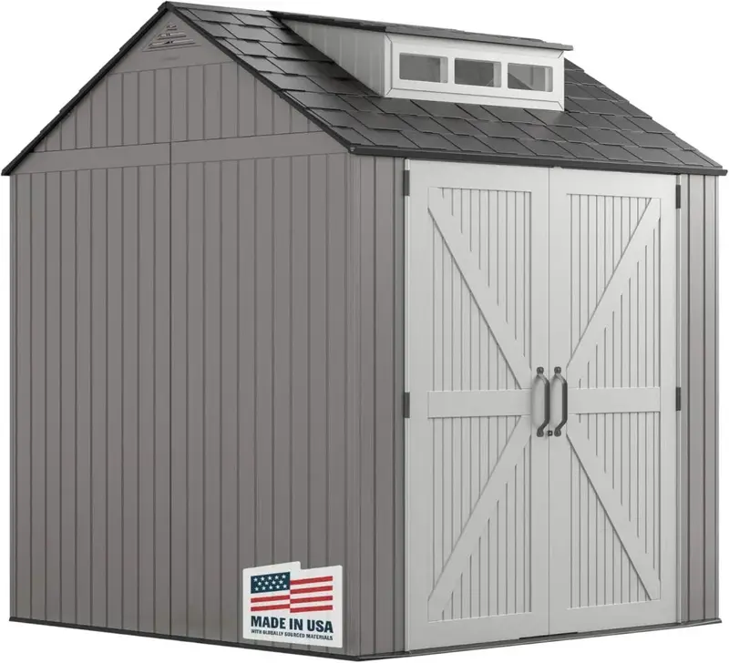 Rubbermaid 7' x 7' Resin Outdoor Storage Shed with Integrated Floor – Gray Weather-Resistant Unit for Garden Tools, Lawn Equipment & Pool Supplies
