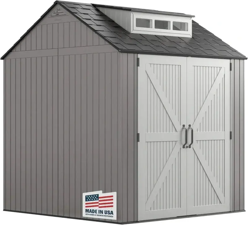 Rubbermaid 7' x 7' Resin Outdoor Storage Shed with Integrated Floor – Gray Weather-Resistant Unit for Garden Tools, Lawn Equipment & Pool Supplies