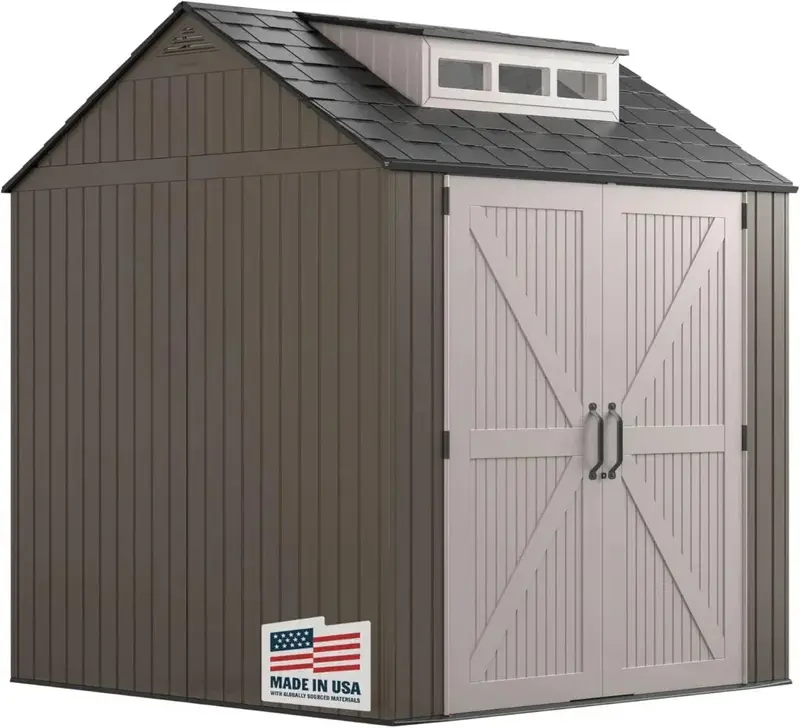 Rubbermaid 7' x 7' Resin Outdoor Storage Shed with Integrated Floor – Gray Weather-Resistant Unit for Garden Tools, Lawn Equipment & Pool Supplies
