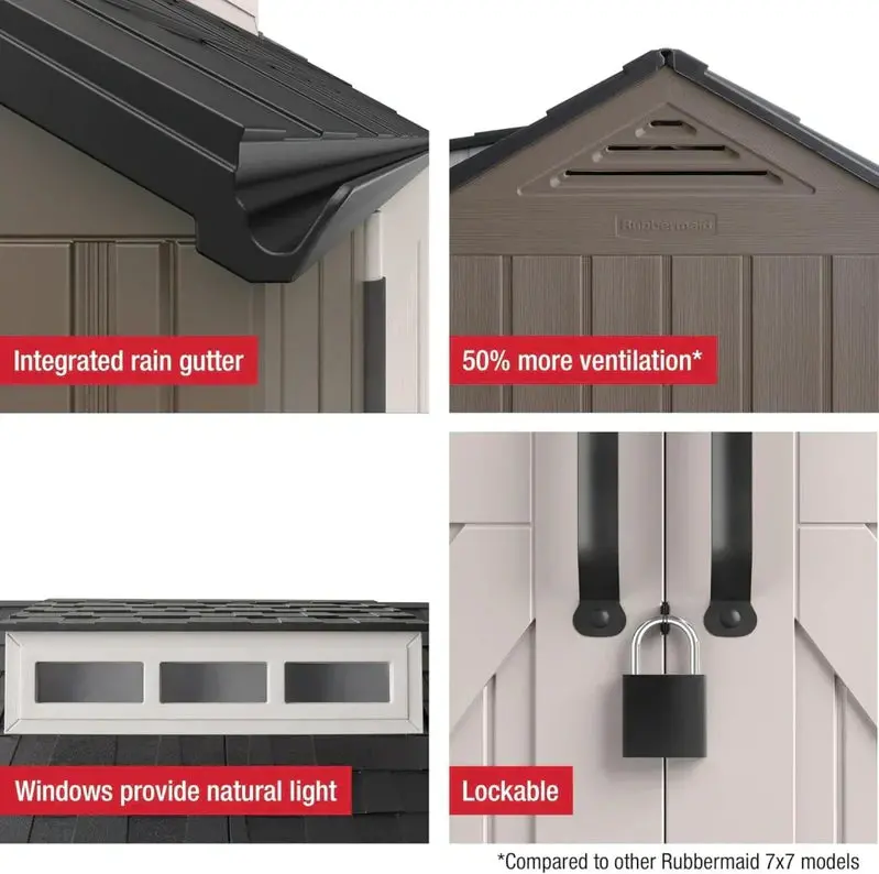 Rubbermaid 7' x 7' Resin Outdoor Storage Shed with Integrated Floor – Gray Weather-Resistant Unit for Garden Tools, Lawn Equipment & Pool Supplies