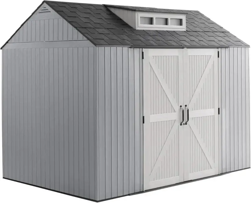 Rubbermaid 7' x 7' Resin Outdoor Storage Shed with Integrated Floor – Gray Weather-Resistant Unit for Garden Tools, Lawn Equipment & Pool Supplies