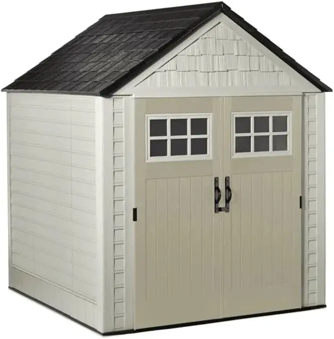 Rubbermaid 7' x 7' Resin Outdoor Storage Shed with Integrated Floor – Gray Weather-Resistant Unit for Garden Tools, Lawn Equipment & Pool Supplies