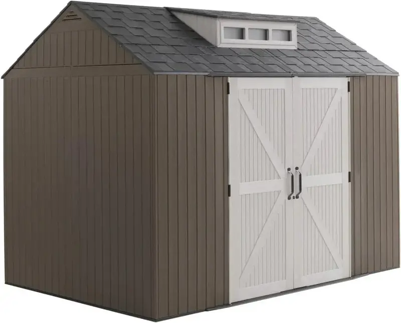 Rubbermaid 7' x 7' Resin Outdoor Storage Shed with Integrated Floor – Gray Weather-Resistant Unit for Garden Tools, Lawn Equipment & Pool Supplies
