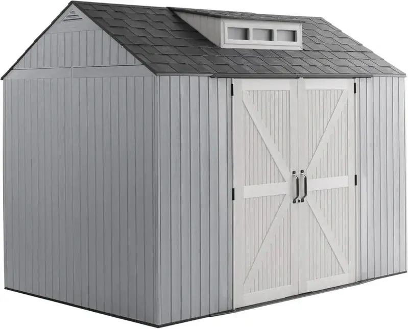 Rubbermaid 7' x 7' Resin Outdoor Storage Shed with Integrated Floor – Gray Weather-Resistant Unit for Garden Tools, Lawn Equipment & Pool Supplies